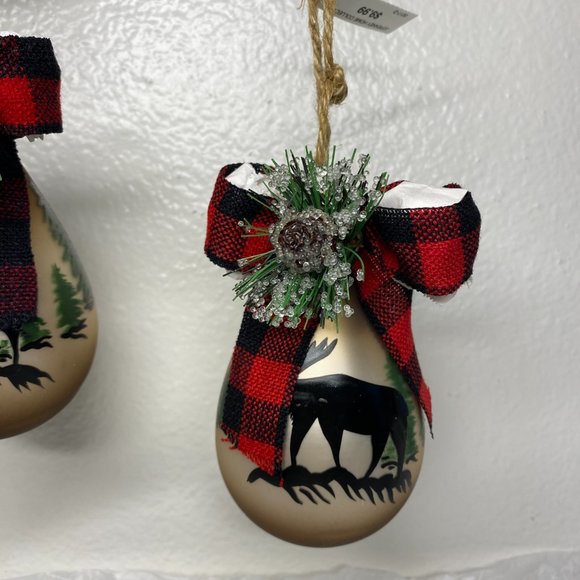 Brown Glass Teardrop Christmas Ornaments W Moose N Trees Design Set of 2 NWT - Picture 8 of 16